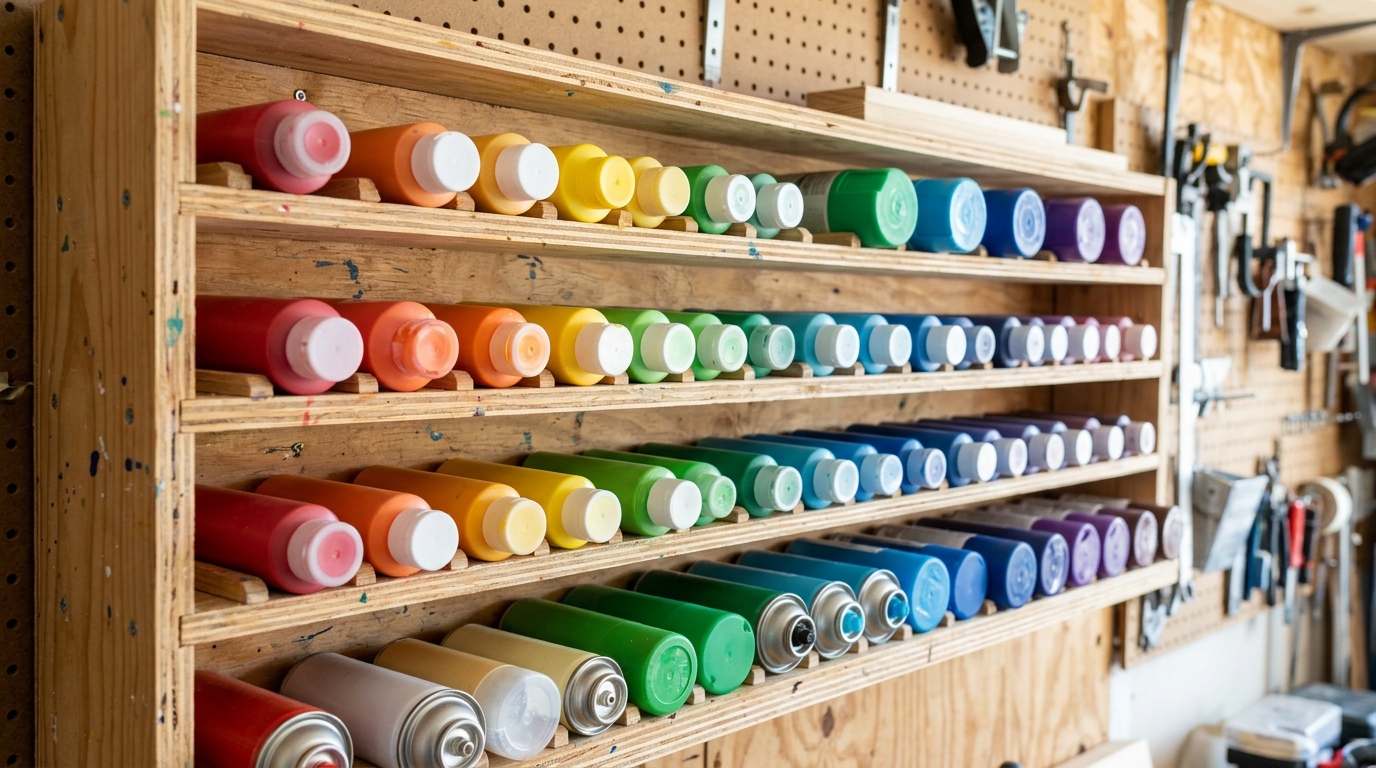Wooden wall rack holding craft paint bottles and spray cans in rainbow color order