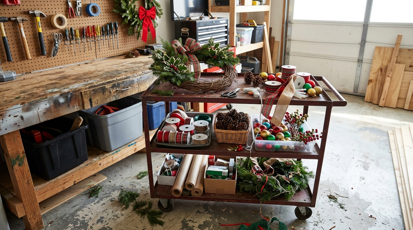 Three tier rolling cart loaded with a Christmas wreath project, ribbon spools, pine cones and ornaments