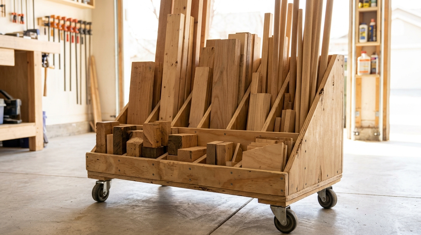 Rolling wooden scrap cart with tall slots sorting wood offcuts and dowels by length
