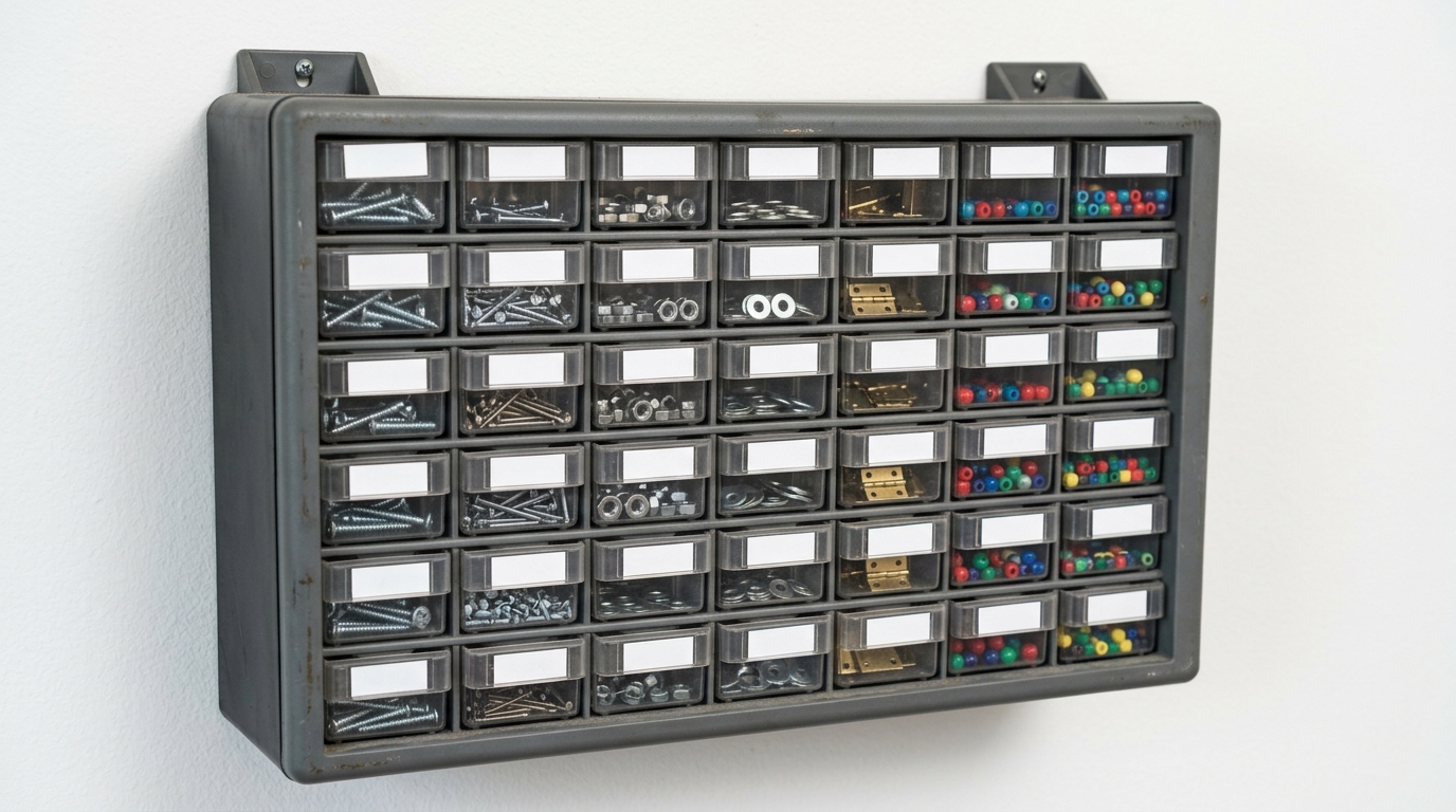 Wall mounted small parts cabinet with clear drawers holding nails, screws, washers and craft beads