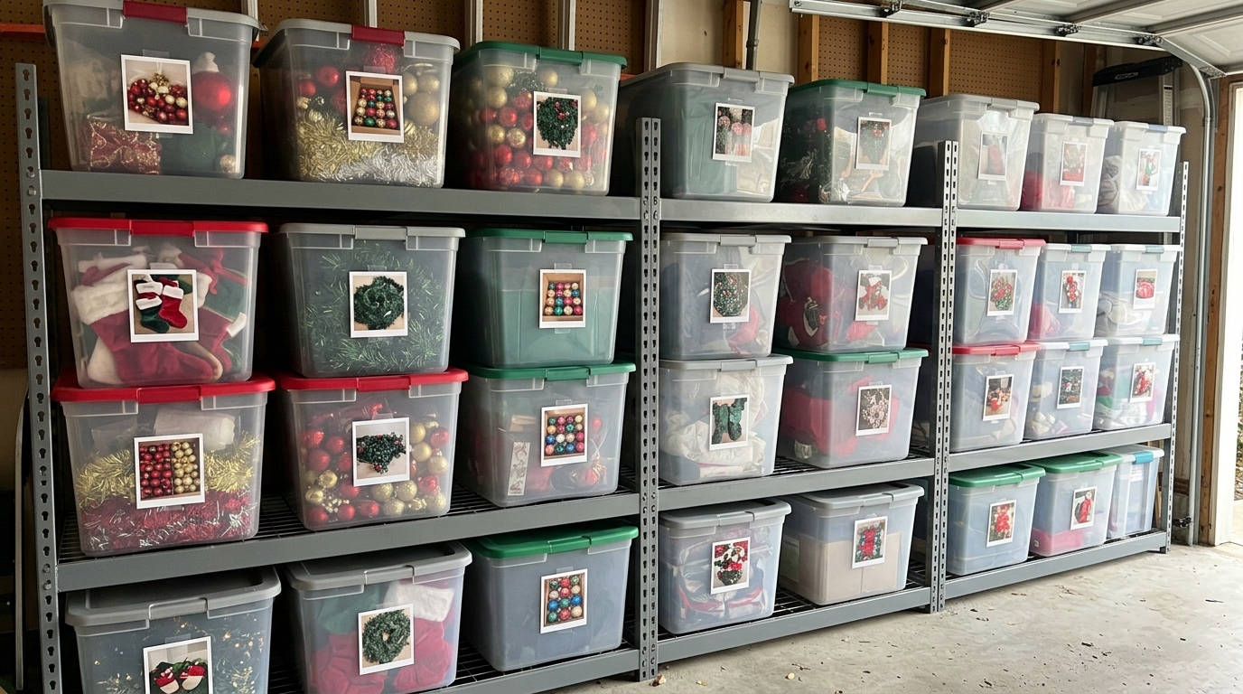 Clear storage totes filled with Christmas ornaments, garland and stockings, each with a photo of its contents on the front