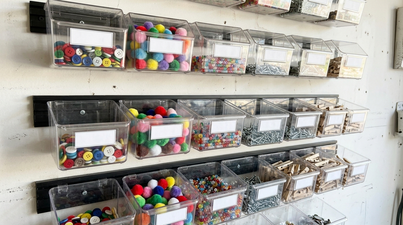 Wall rail with rows of clear tilt out bins holding buttons, pom poms, beads and clothespins