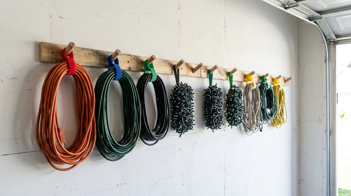 Adam Savage Workshop inspired wall of neatly coiled extension cords and fairy lights on wooden hooks