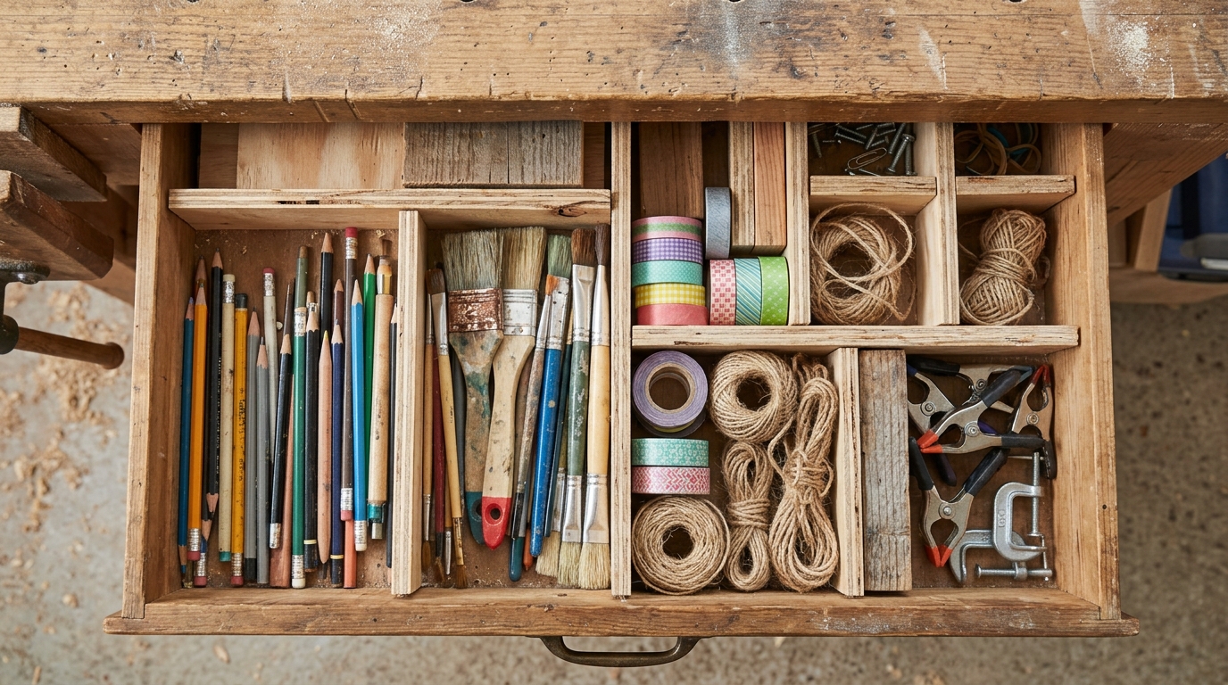 Wooden drawer divided into small compartments with scrap wood dividers holding pencils, brushes and washi tape