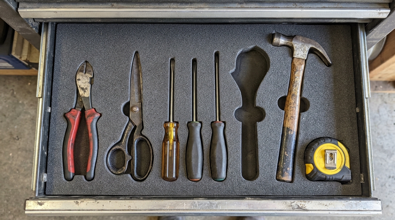Adam Savage Workshop inspired drawer lined with grey foam and custom tool shaped cutouts holding pliers, scissors and screwdrivers