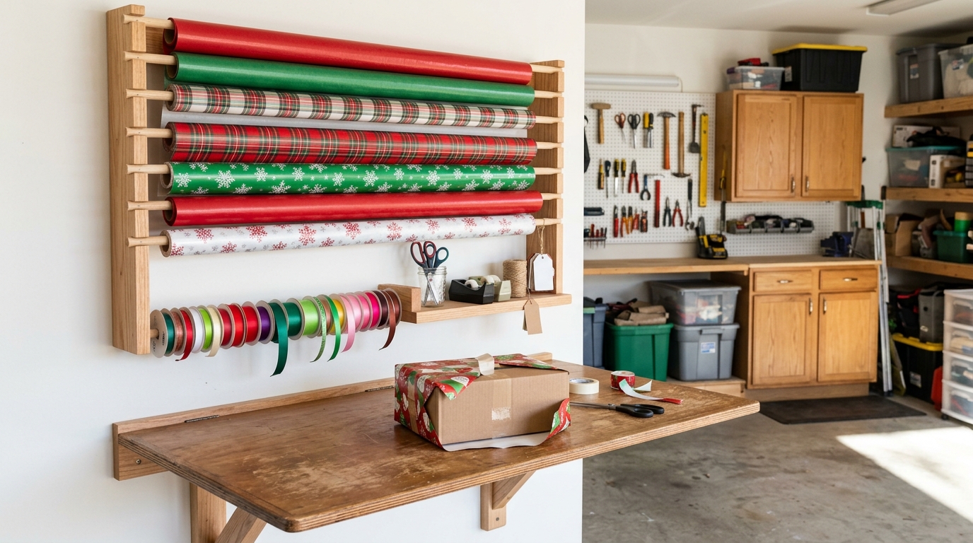Adam Savage Workshop inspired wall mounted gift wrap station with Christmas paper rolls, ribbon bar and a fold out table