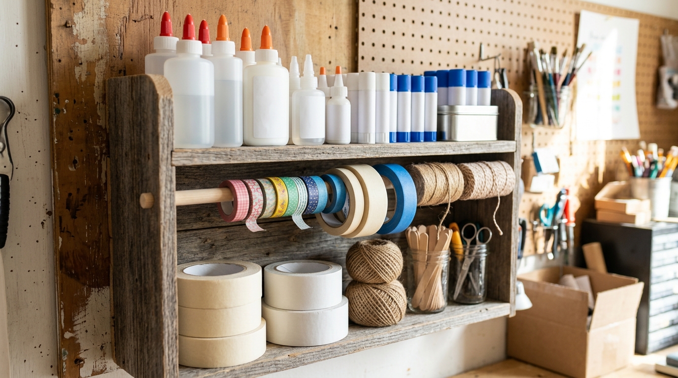 Adam Savage Workshop style shelf of glue bottles and glue sticks with rolls of tape and twine on a wooden dowel