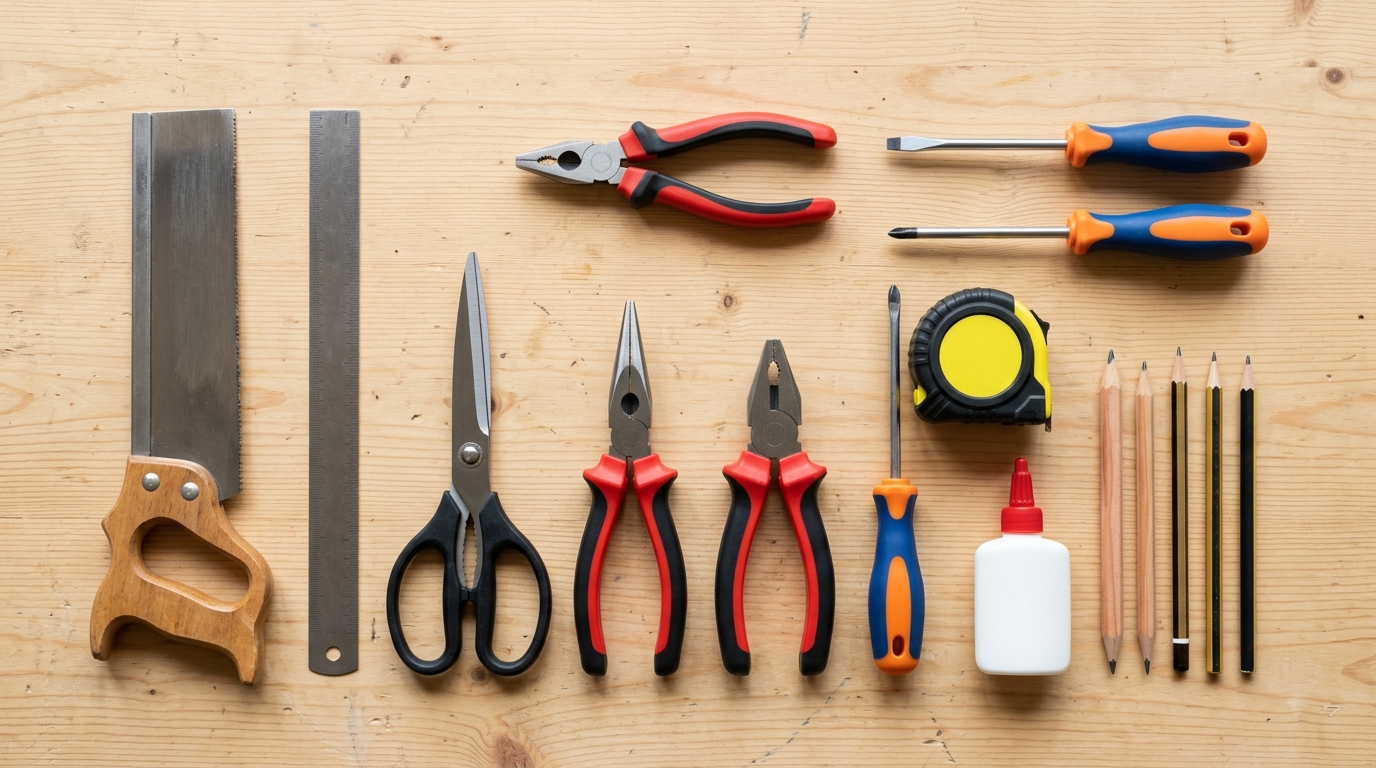 Craft and hand tools laid out neatly at right angles in tidy rows on a light wooden workbench