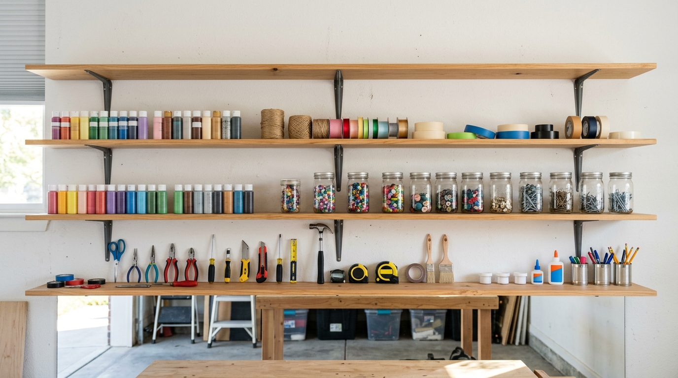 Adam Savage Workshop style open wooden shelves with every jar, roll of tape and tool in one visible front row