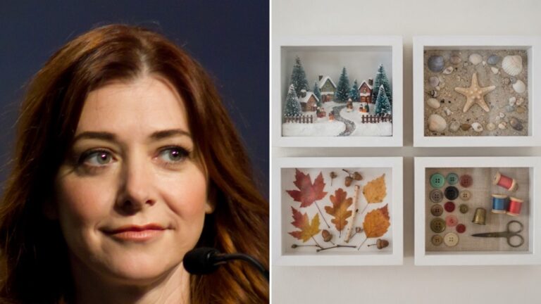 Shadow box ideas: Alyson Hannigan beside four handmade shadow boxes with a Christmas village, shells, fall leaves and sewing notions