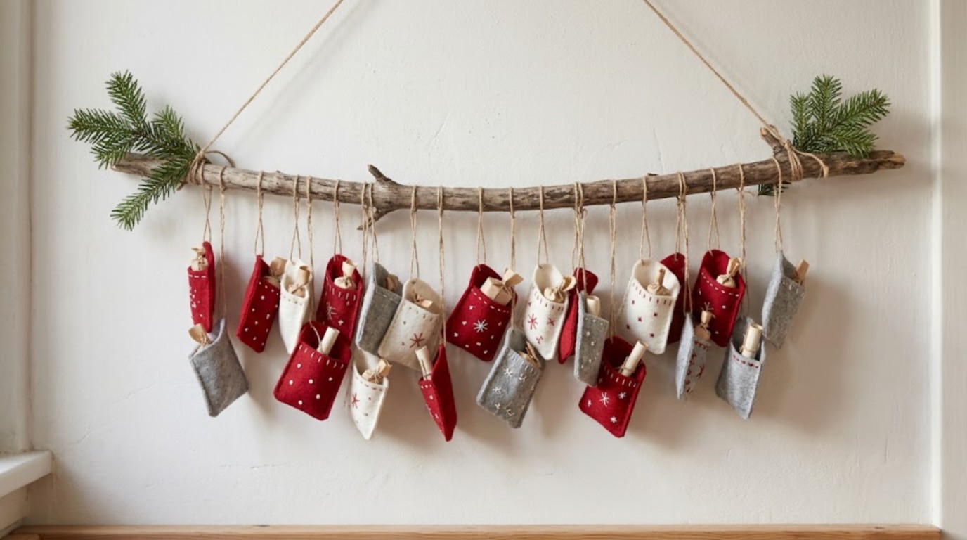Advent branch with little red, white and grey felt pockets hanging on a white wall