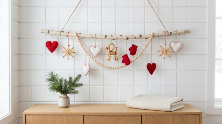 Scandinavian Christmas decor: birch branch with red and white felt hearts, straw stars and wooden beads