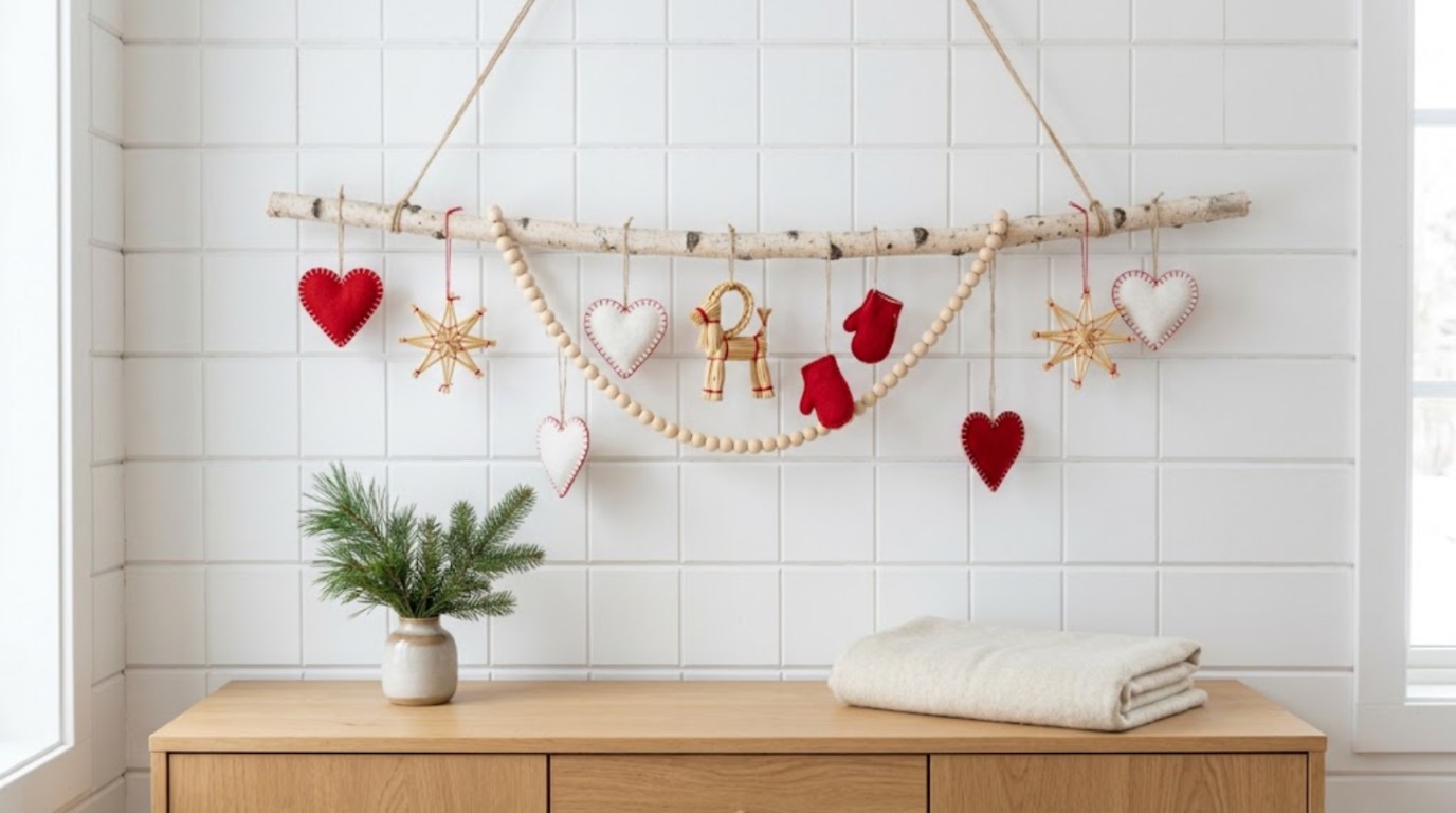 Scandinavian Christmas decor: birch branch with red and white felt hearts, straw stars and wooden beads