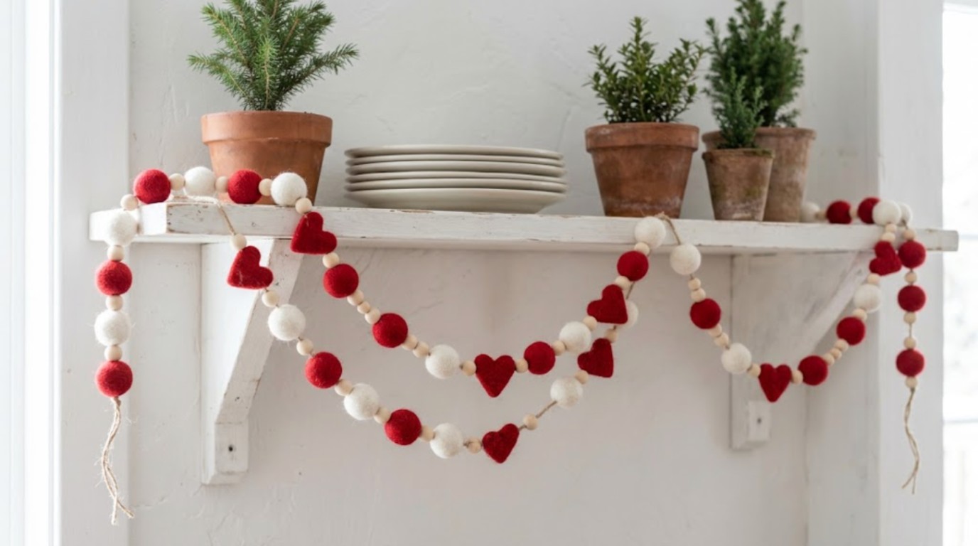Scandinavian Christmas decor: red and white felt ball and heart garland with wooden beads on a shelf
