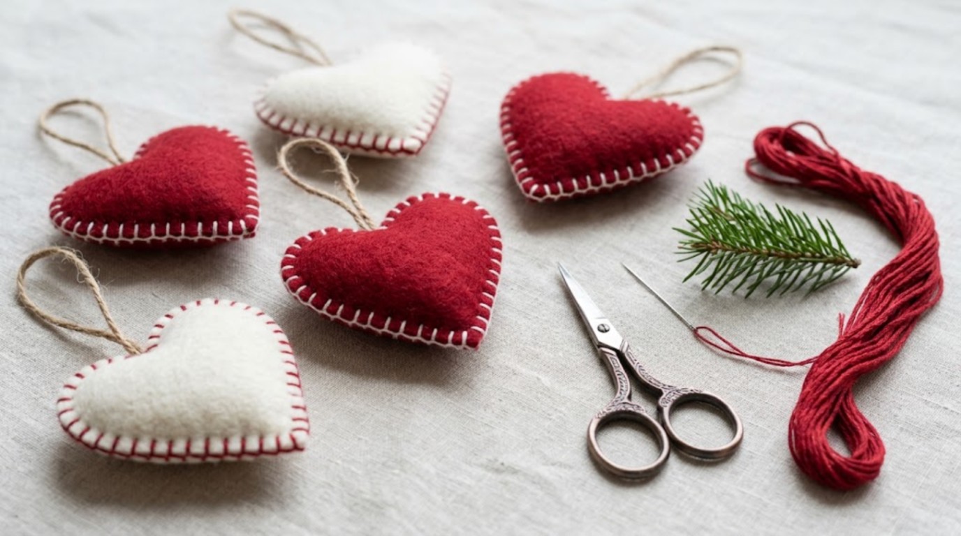 Scandinavian Christmas decor: red and white felt heart ornaments with blanket stitch edges
