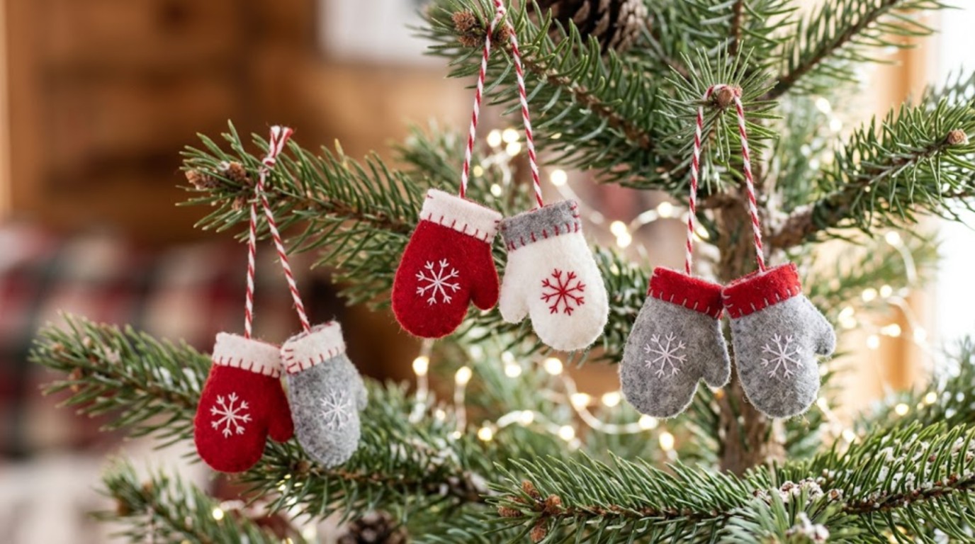 Pairs of red, white and grey felt mitten ornaments with embroidered snowflakes on a tree
