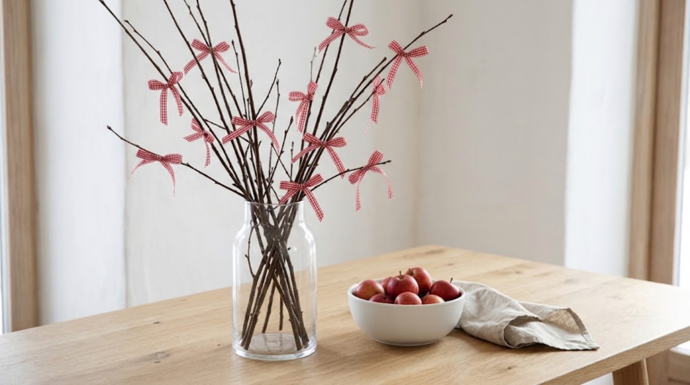 Scandinavian Christmas decor: bare branches in a glass vase tied with red gingham bows