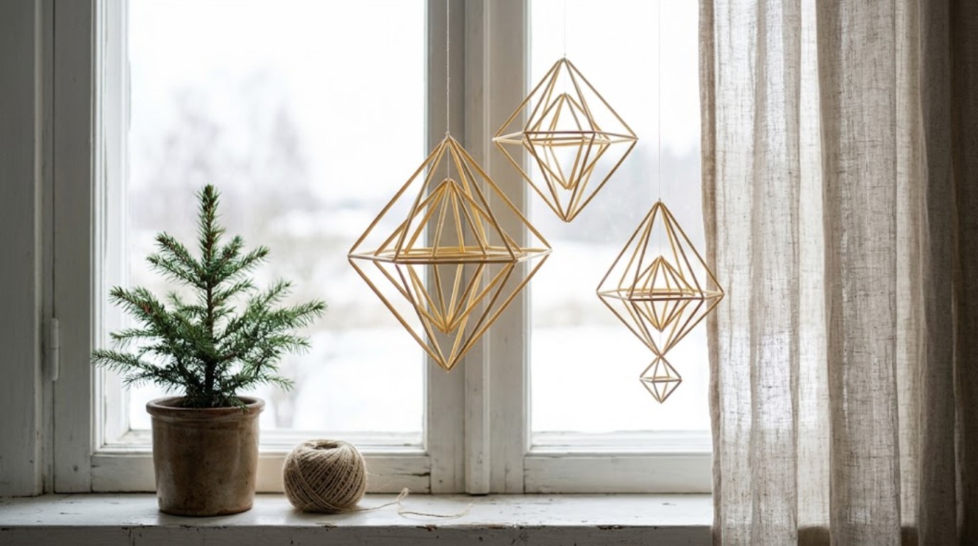Golden straw himmeli geometric ornaments hanging in a bright winter window
