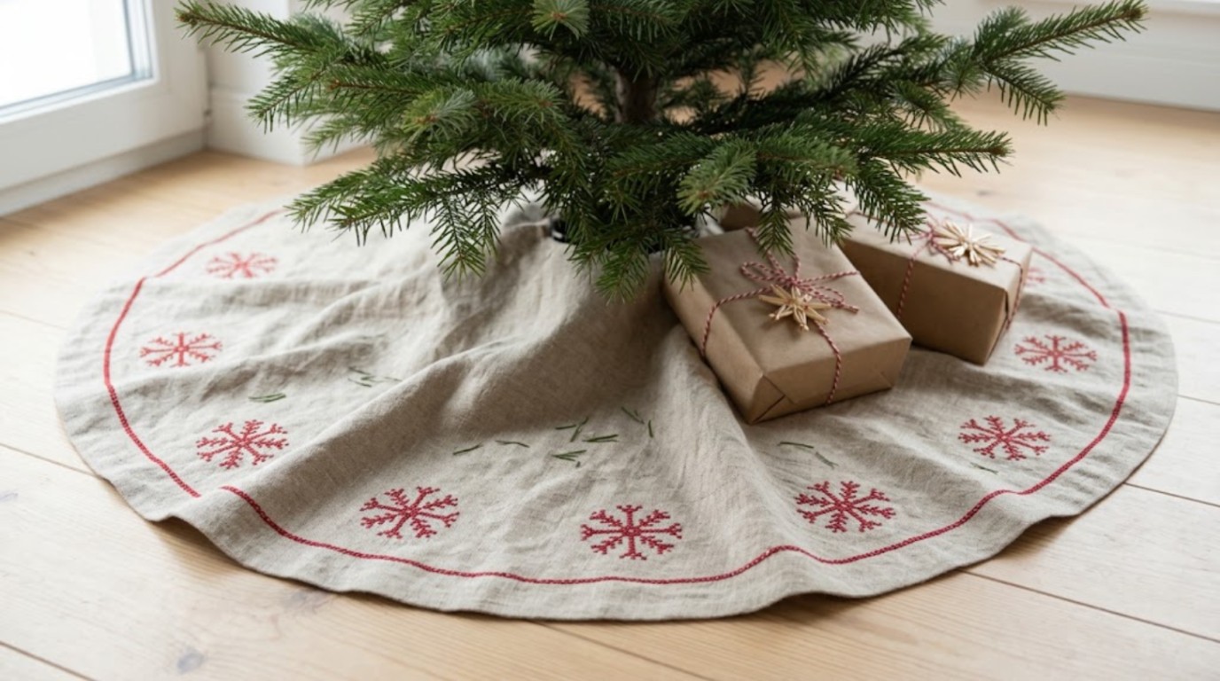 Linen tree skirt with red cross stitch snowflakes under a Christmas tree