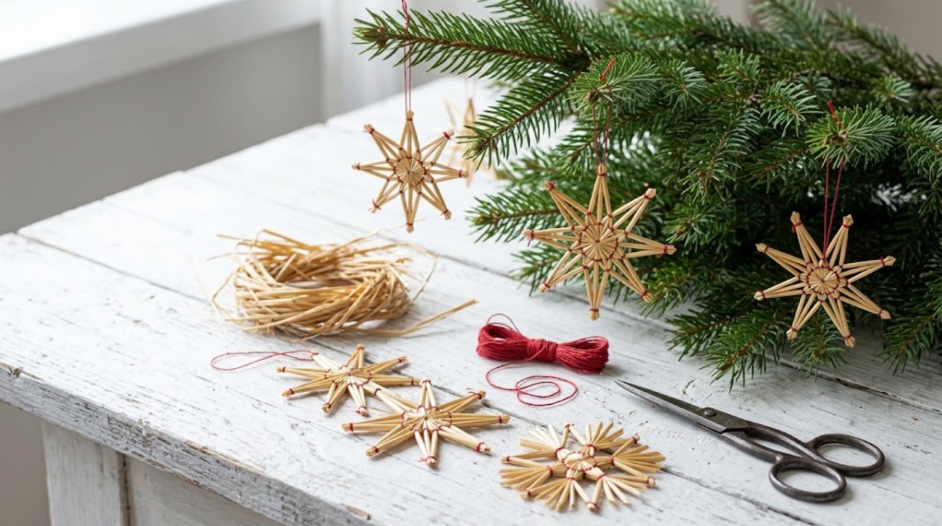 Scandinavian Christmas decor: golden straw stars tied with red thread on a fir branch