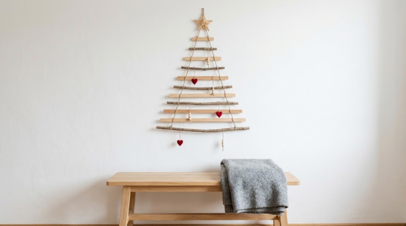 Wood strip and branch Christmas tree wall hanging with felt hearts above a wooden bench