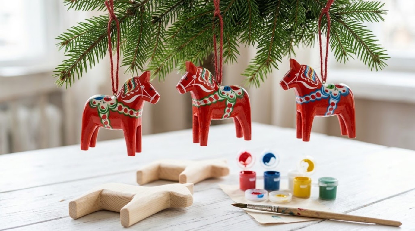 Hand painted red wooden horse ornaments with folk patterns hanging from fir branches