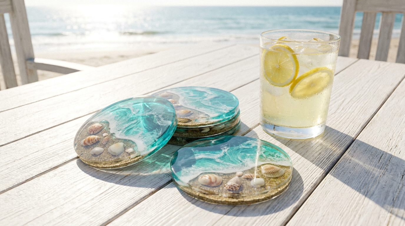 Round clear resin coasters with seashells, sand and turquoise wave swirls on a white table