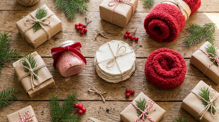 Handmade Secret Santa Gifts on a wooden table: kraft wrapped soap bars, a sugar scrub jar, clay coasters and rolled red socks