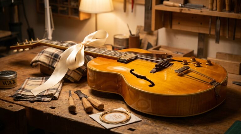 Secretly restored honey colored vintage archtop guitar with a gift ribbon on a workbench