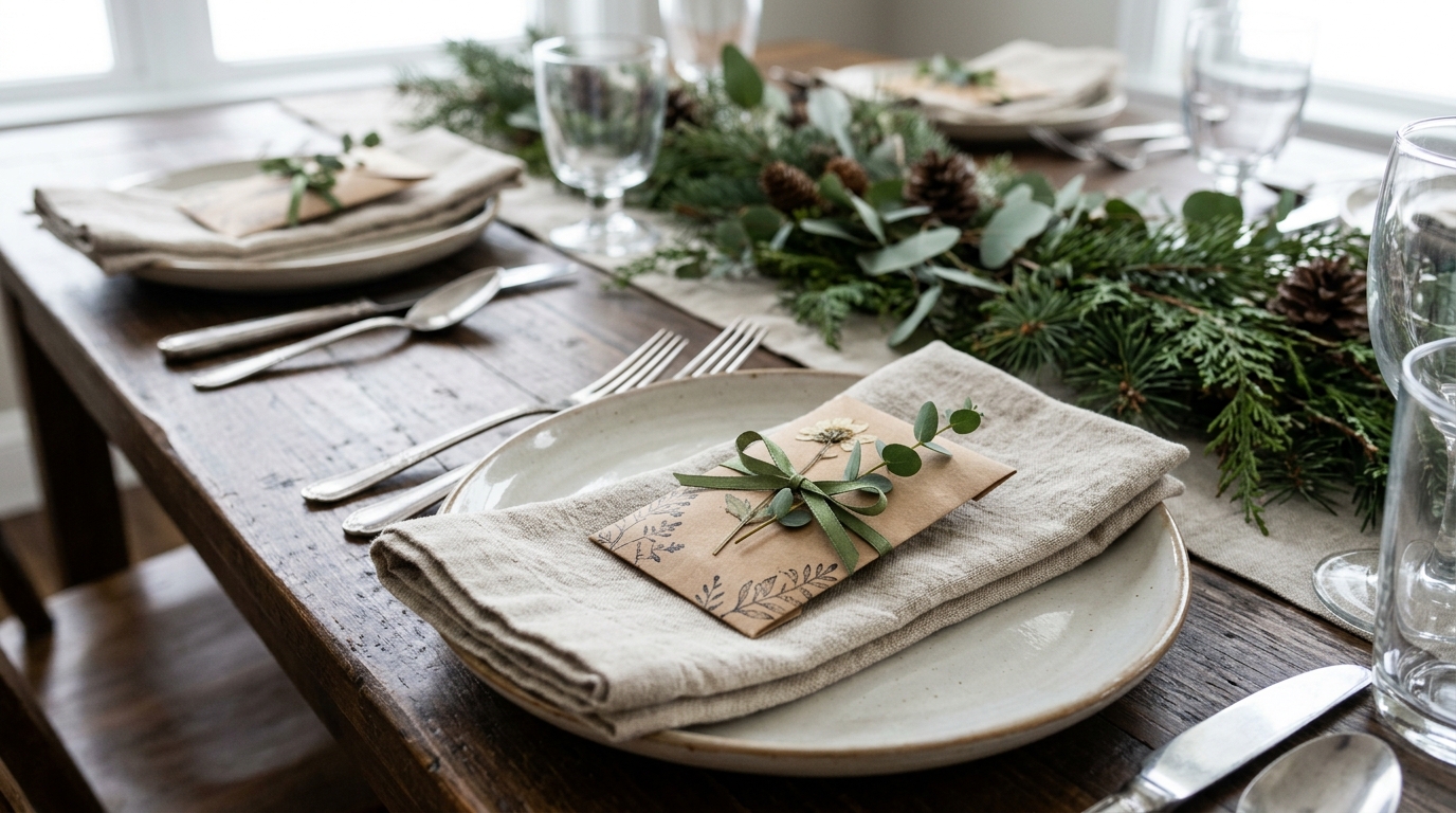 Christmas table favors made from kraft seed packet envelopes tied with ribbon on a dinner plate