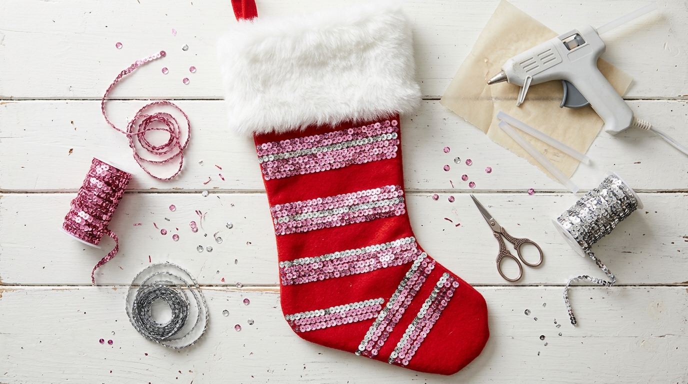 Mariah Carey Christmas style red stocking made over with pink and silver sequin trim and a faux fur cuff