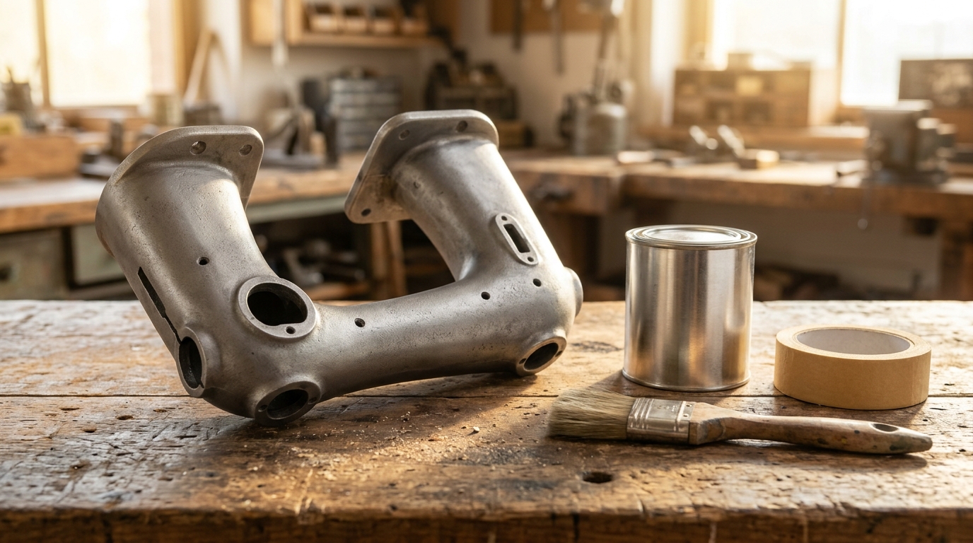 Bare grey cast iron body of an antique sewing machine beside a can of black paint on a workbench