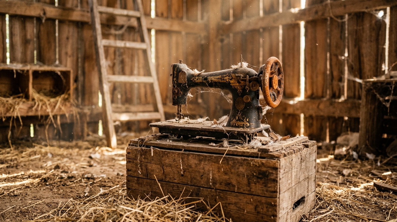 Rusty antique sewing machine covered in dust and straw inside an old wooden henhouse