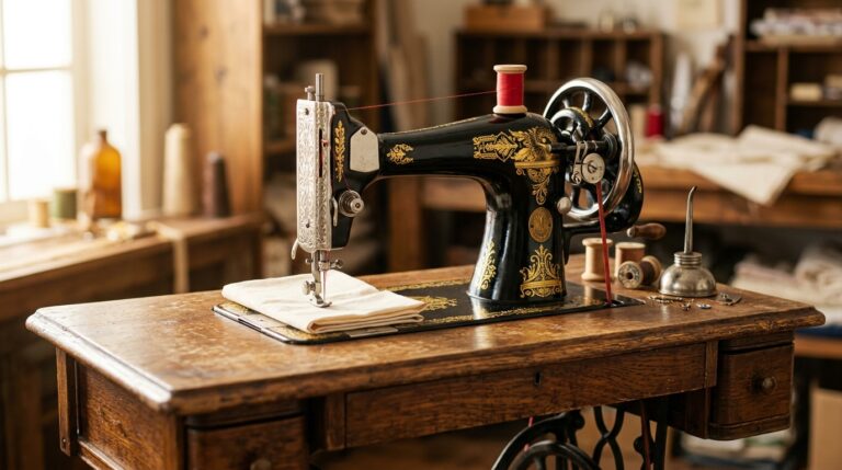 Sewing machine rescue result: a restored antique black sewing machine with gold decals on a wooden treadle table
