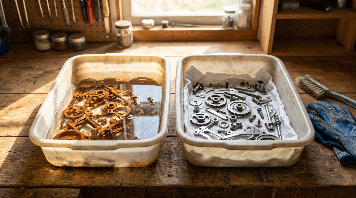 Rusty antique sewing machine parts soaking in one tub next to cleaned shiny parts in another