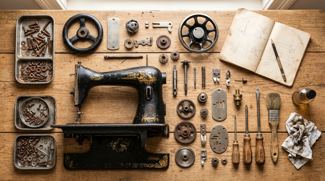 Parts of a disassembled antique sewing machine laid out neatly on a wooden workbench