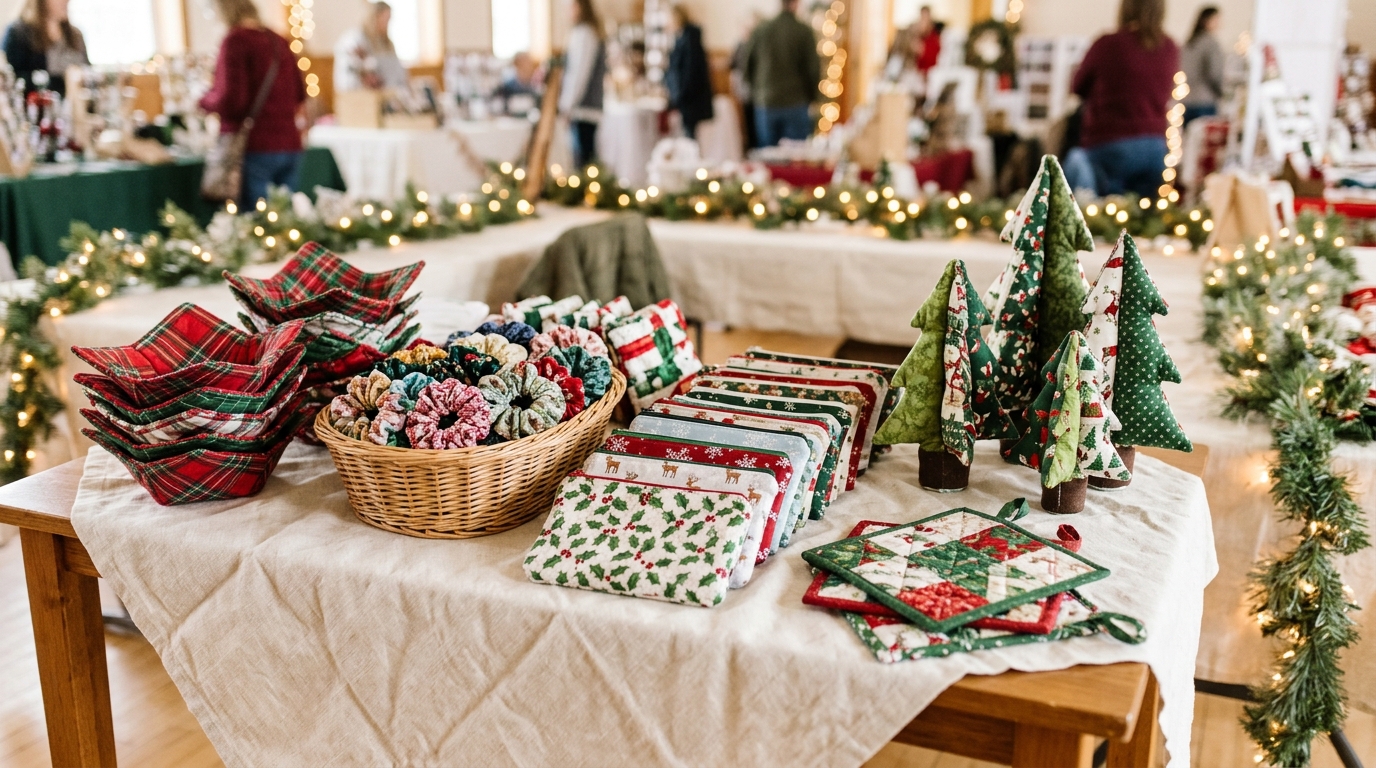 Sewing projects to sell on a holiday craft fair table with bowl cozies, scrunchies, pouches and fabric trees