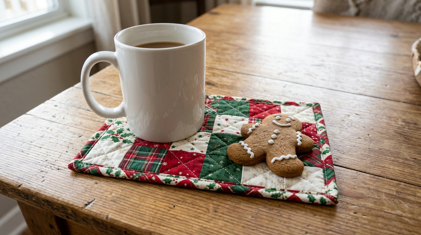 Sewing projects to sell: a Christmas patchwork mug rug with a white mug and gingerbread cookie
