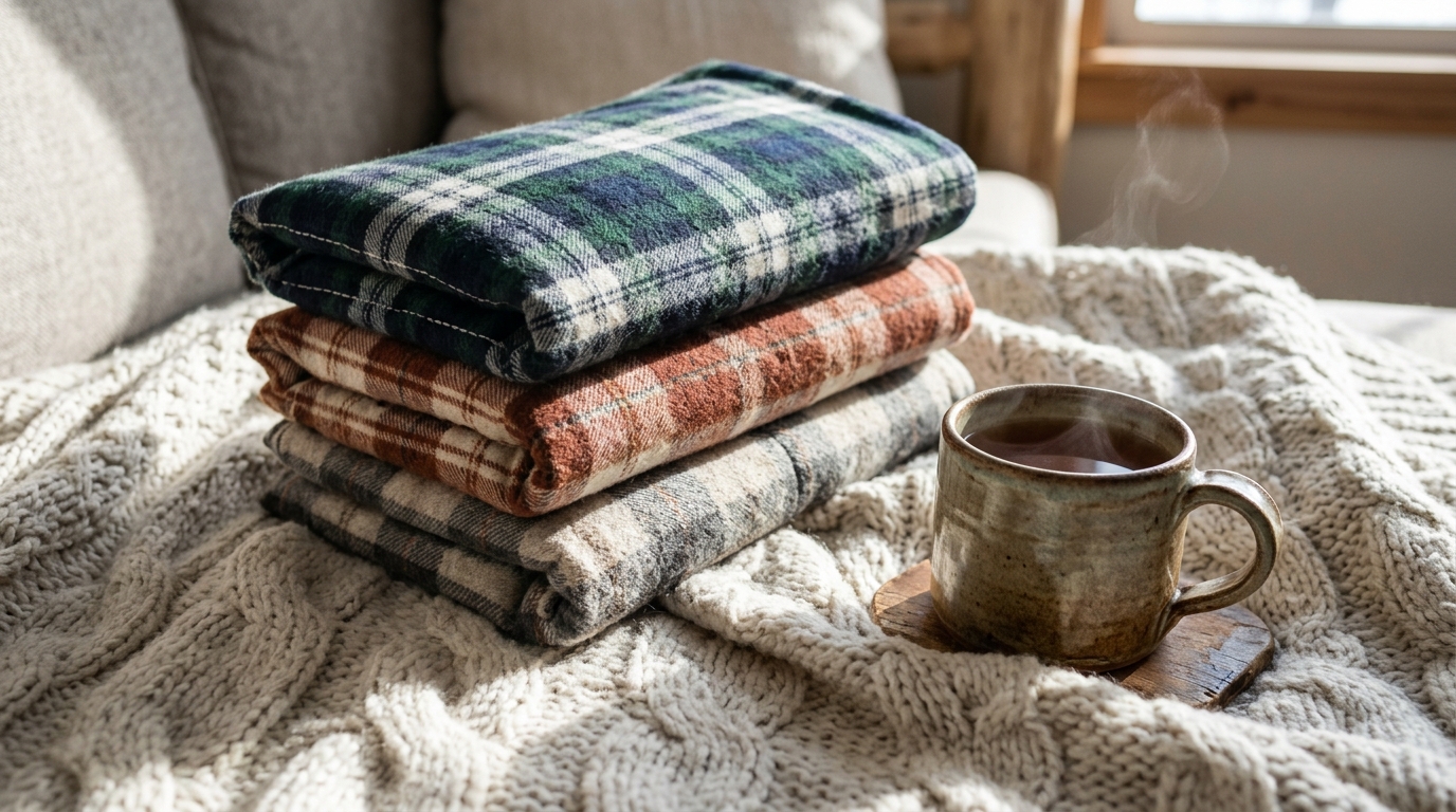 Sewing projects to sell: plaid flannel rice heating packs stacked on a knit blanket