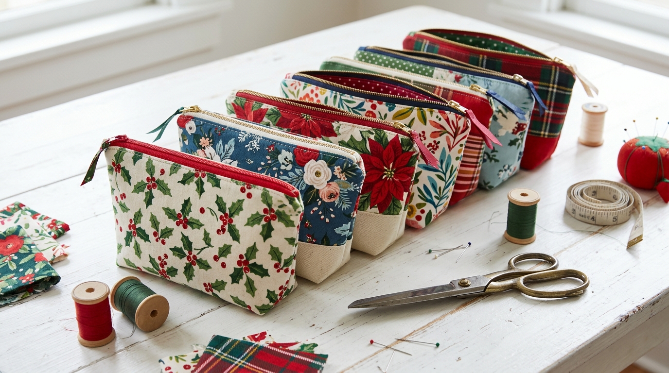 Sewing projects to sell: a row of lined zipper pouches in holiday and floral prints