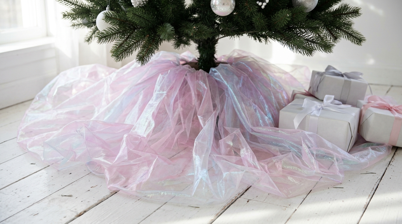 Sheer shimmering tulle tree skirt in pink and blue around a Christmas tree