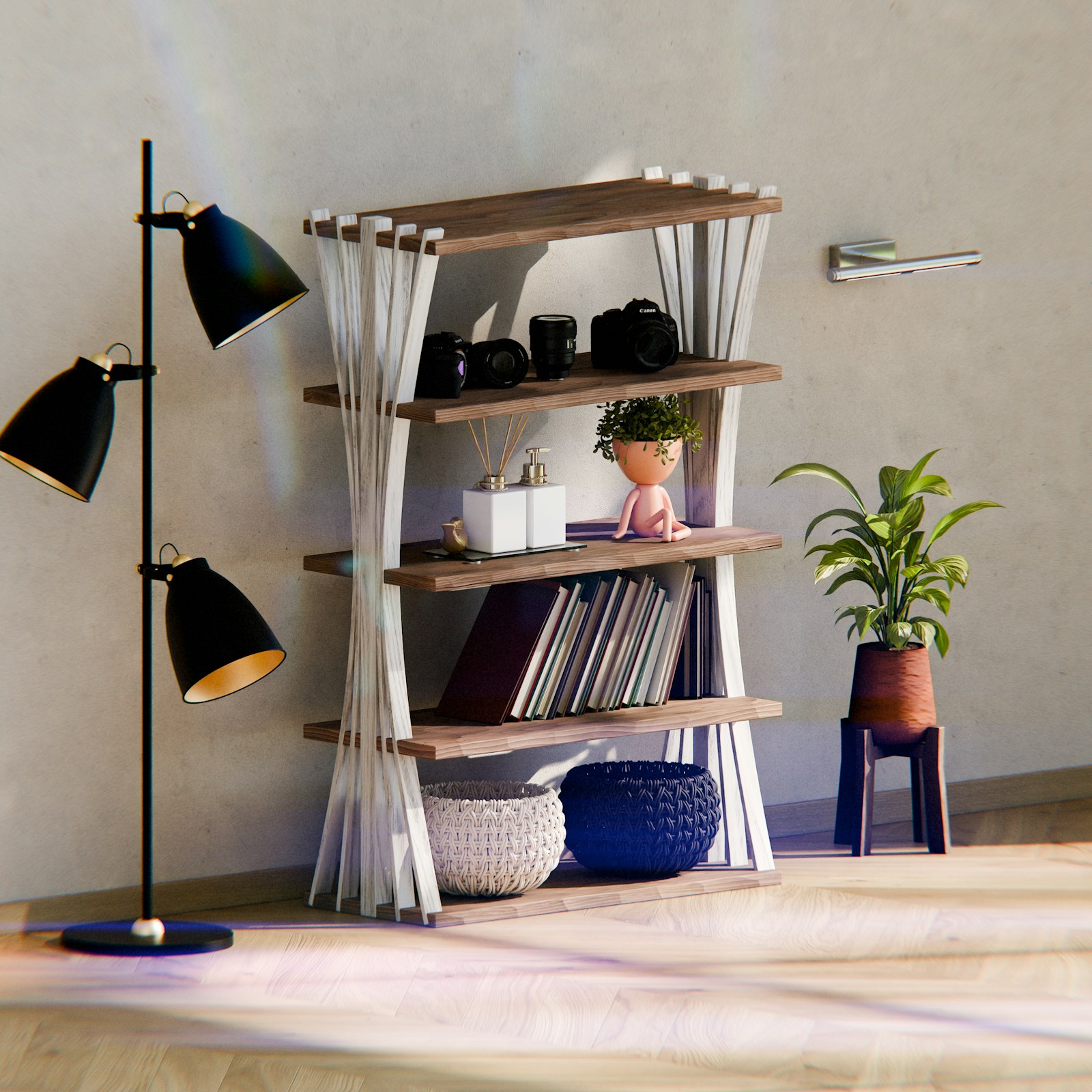 Open shelving unit framed by sheer curtains beside a floor lamp