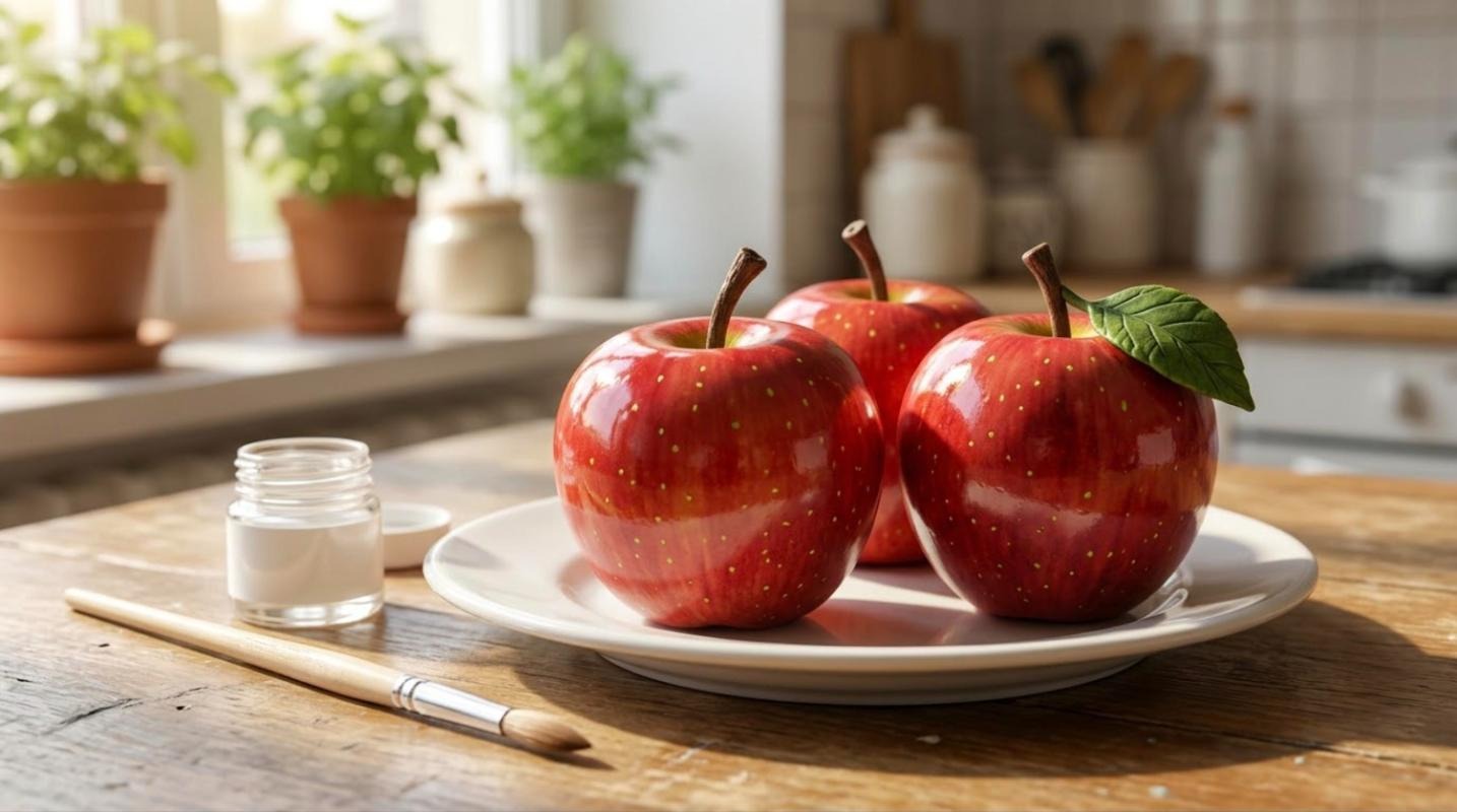 Realistic clay crafts red apples with brown stems and a green leaf on a white plate
