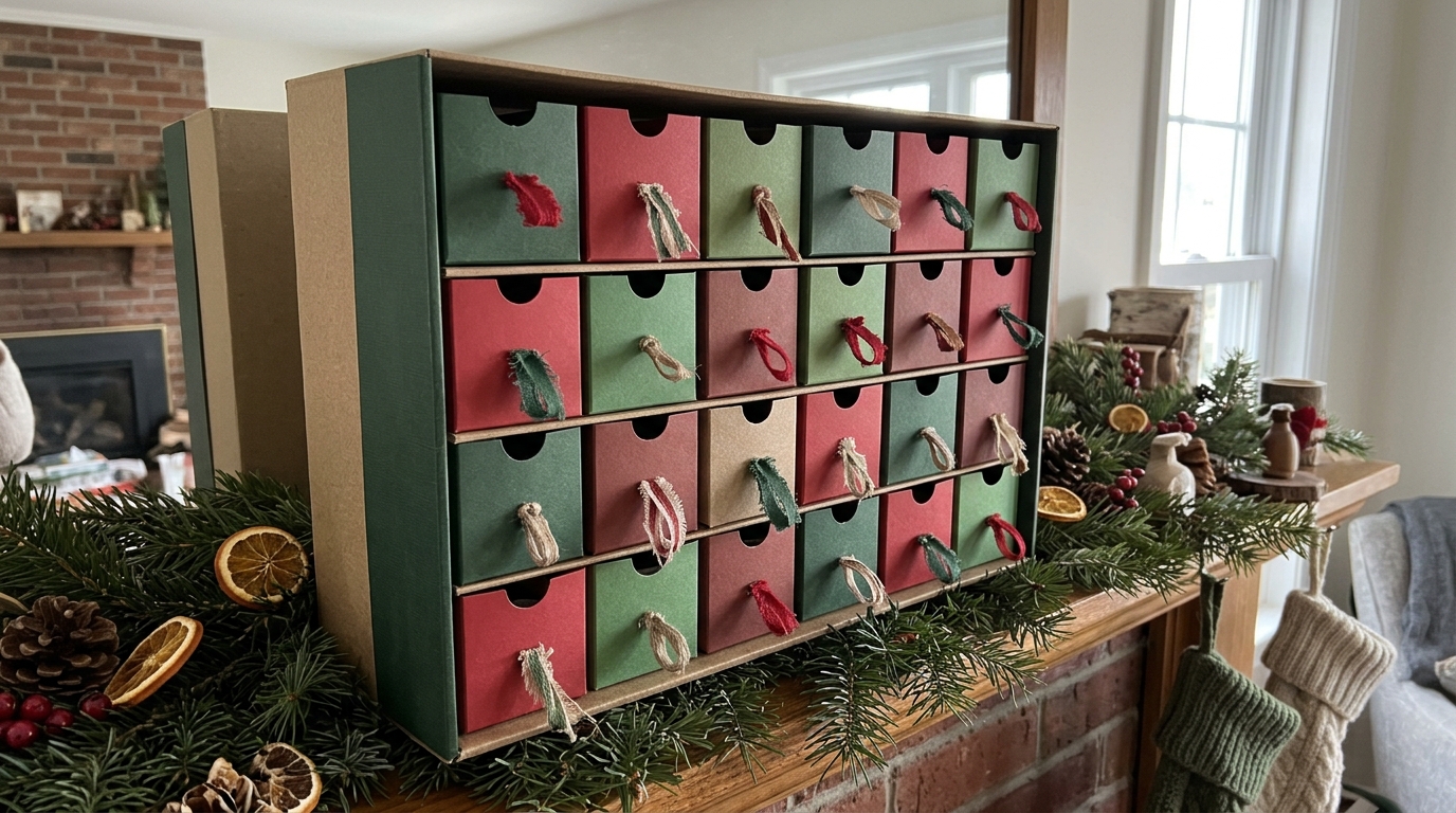 Shoe box crafts advent calendar with red and green paper drawers on a mantel