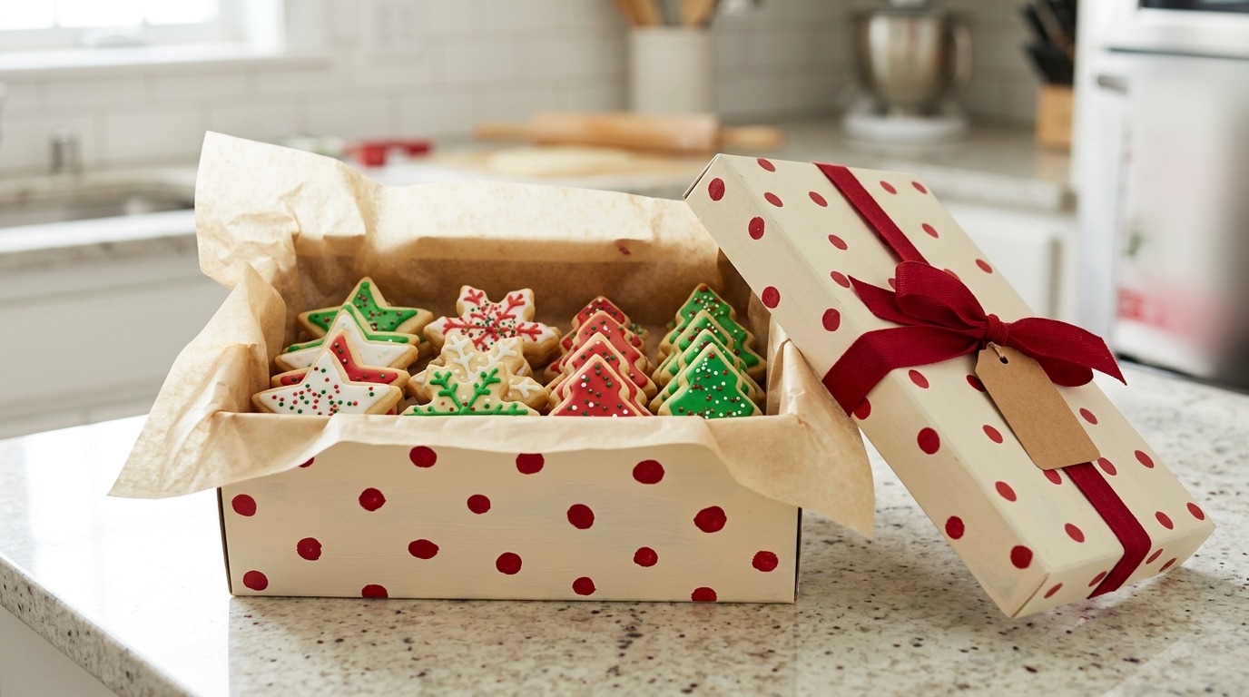 Iced Christmas sugar cookies packed in a cream polka dot container