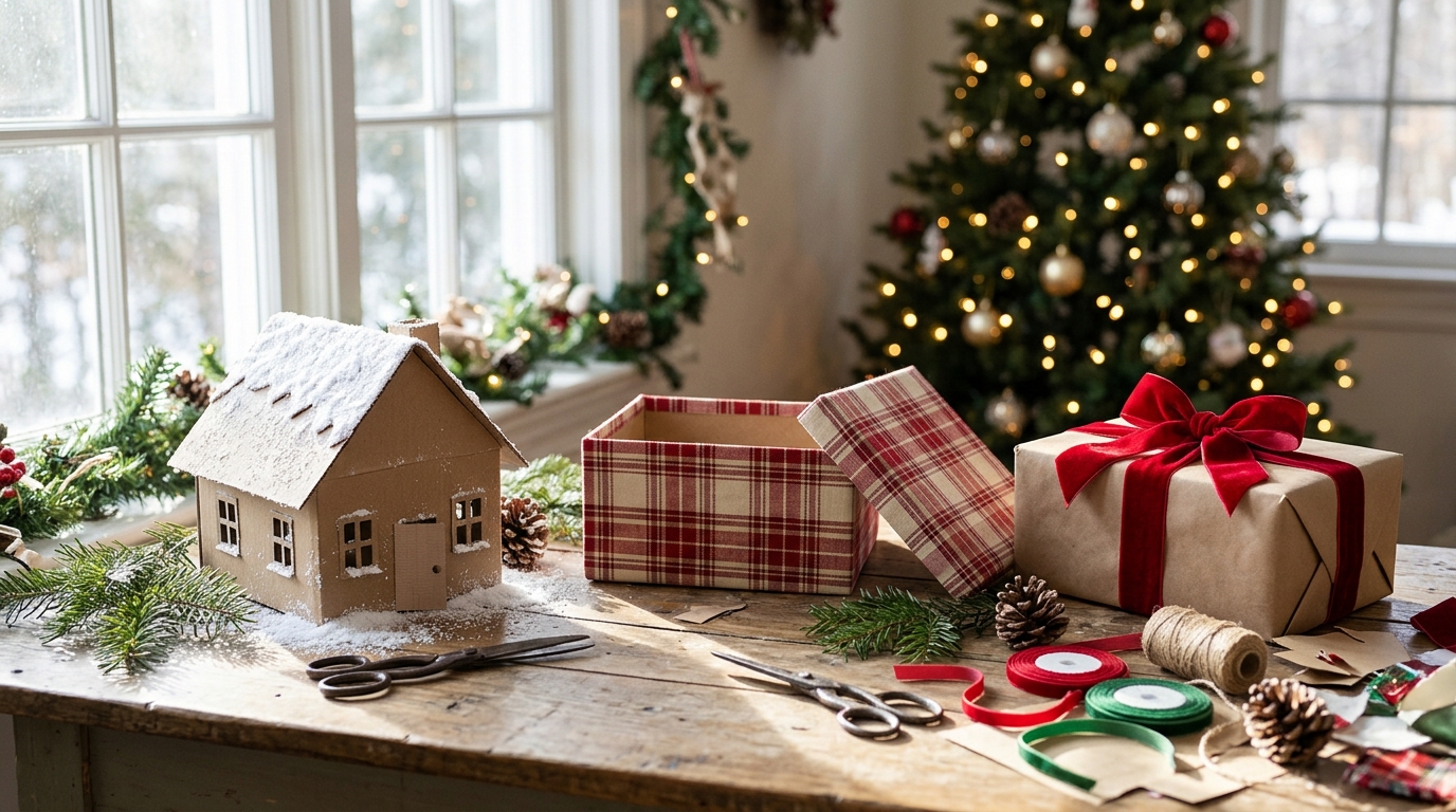 Shoe box crafts on a Christmas craft table: a snowy village house, a plaid fabric storage box and a gift box with a red bow