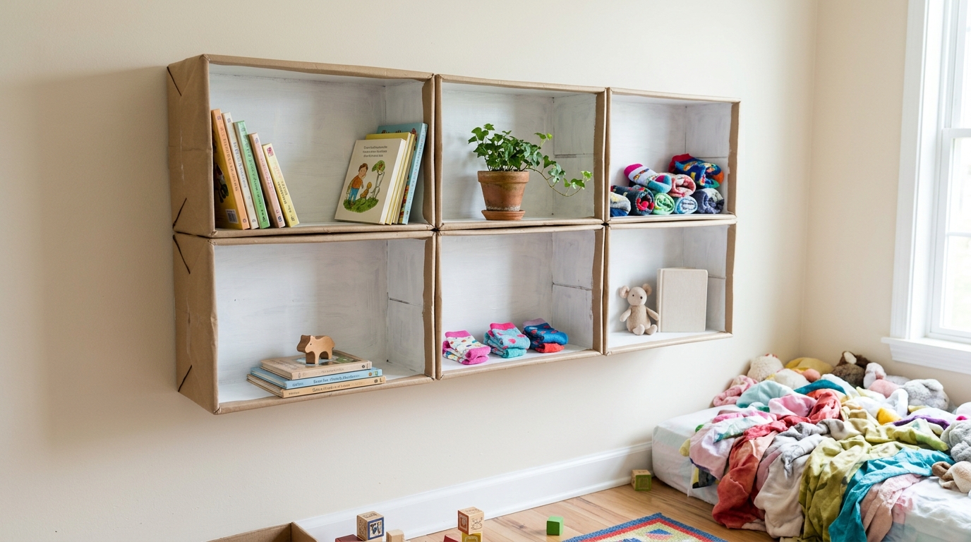 Shoe box crafts cubby shelves with books, a plant and socks on a kids bedroom wall