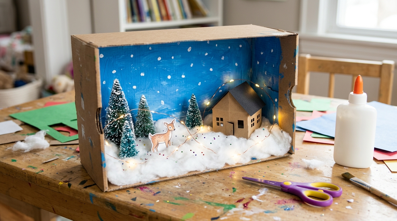 Shoe box crafts for kids: a winter diorama with a paper cabin, deer and tiny trees