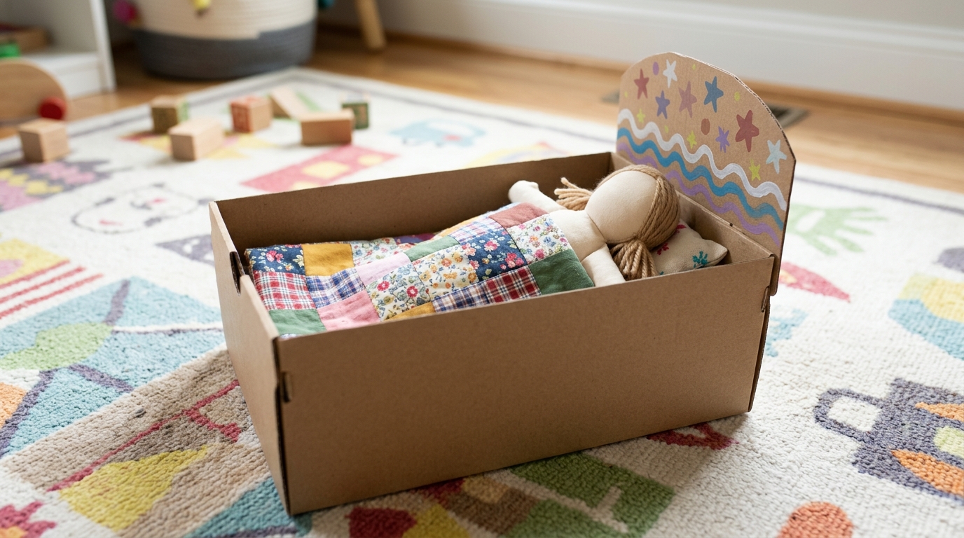 Handmade doll bed with a patchwork quilt and painted headboard on a playroom rug