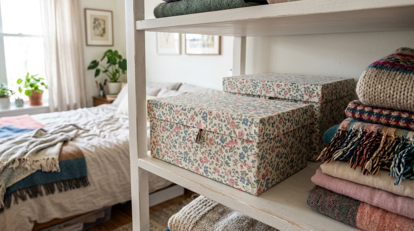 Shoe box crafts idea: shoe boxes covered in floral fabric on a bedroom shelf